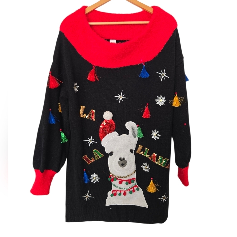 Holiday Time Black and Red Llama Sweater Size 1X 16/18